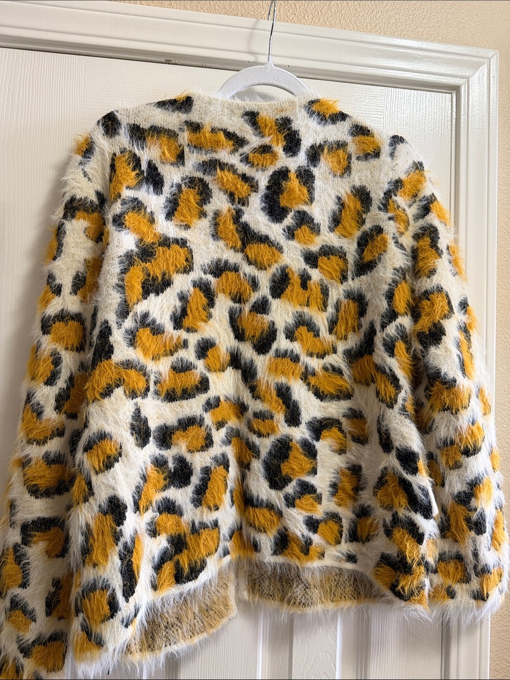 Fuzzy Leopard Print Cardigan - White, Mustard & Black - Picture 5 of 5
